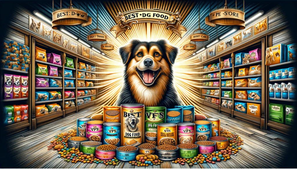 DALL·E-2024-02-01-23.11.59-An-enhanced-and-visually-striking-illustration-featuring-Best-VFS-Dog-Foods-in-a-pet-store-environment-accompanied-by-a-joyful-and-healthy-dog.-The.png